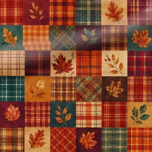 Autumn plaid patchwork maple leaf printed fabric | 19"x55" cotton fall tartan Sewing Crafting