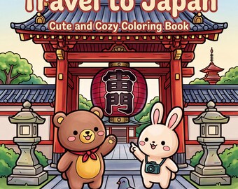 Kawaii Japan Travel Coloring Book, Bear & Bunny Adventure, Sakura Scenes (Digital Download)