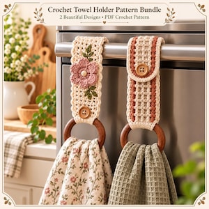 May include: Two crochet towel holders hanging on an oven handle. The left holder is cream with a pink flower and green leaves, holding a floral towel. The right holder is cream and rust with a waffle texture, holding a sage green towel.