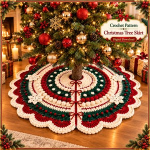 May include: A round crocheted Christmas tree skirt featuring concentric rings of cream, dark green, and red yarn with textured bobble stitches and snowflake motifs. The skirt has a central opening with four red ribbon ties.