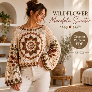 Mönster för virkad mandalatröja i PDF-format, bohemisk blomtröja, ballongärmar, XS–3XL