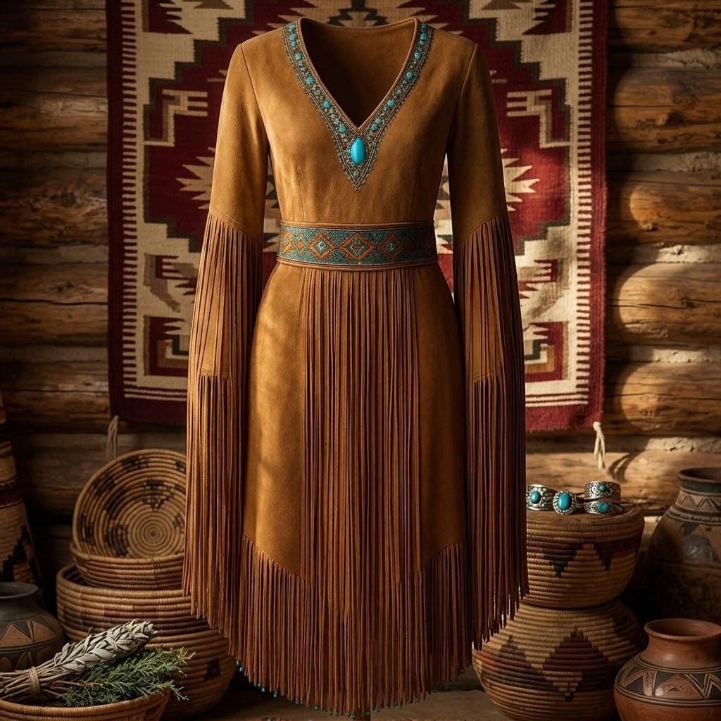 new western dress design Beaded Turquoise concho and squash Independence Color:Cream Multi Stripe Black-Tie Boho Wedding Aesthetic Simple