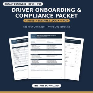 May include: A digital driver onboarding and compliance packet template featuring three white document pages with dark blue headers and text. The documents include a new driver onboarding checklist, qualification file, and policy acknowledgment.
