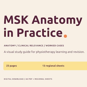 May include: A digital study guide titled MSK Anatomy in Practice by Jake's A Physio. The document features 23 pages, 13 regional sheets, and 5 worked clinical cases. It is presented as an A4 PDF digital download for physiotherapy learning and revision.