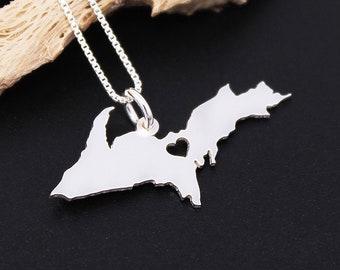 Upper Peninsula Michigan necklace personalized Sterling Silver Michigan state necklace with heart comes with Box chain - hometown gift