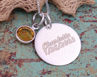 Birthstone Necklace for Women Birthday Gift for Her Personalized Jewelry Sterling Silver Round Charm
