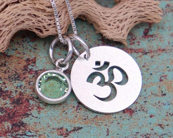 Personalized Om Necklace with Birthstone | Sterling Silver Yoga Jewelry | Custom Spiritual Necklace | Meditation Gift for Her