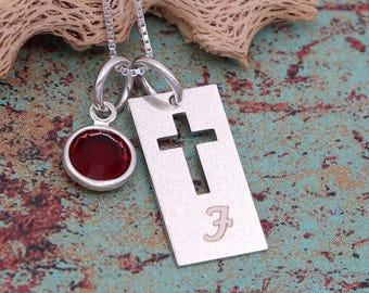 Personalized Cross Necklace with Initial & Birthstone, Sterling Silver Christian Jewelry, Baptism Confirmation Gift for Her