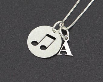 Personalized Sterling Silver Music Note Necklace, Initial Charm Beam Note Pendant