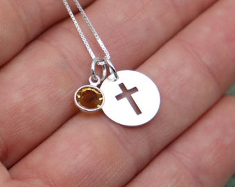 Personalized Cross Necklace with Birthstone, Sterling Silver Christian Jewelry, Religious Gift for Her, Baptism Confirmation Gift
