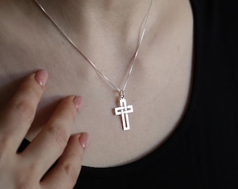 Sterling Silver Modern Cross Necklace for Women – Geometric Cutout Christian Pendant, Satin Matte Finish, Handmade Gift
