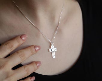 Sterling Silver Cross Pendant – Geometric Cutout Design, Satin Matte Finish, Handmade Christian Necklace Gift