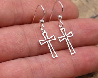 Sterling Silver Cross Outline Earrings – Minimalist Christian Dangle Earrings, Lightweight Religious Jewelry, Handmade Gift for Her