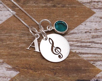 Personalized Treble Clef Necklace with Initial & Birthstone, Sterling Silver Music Lover Gift