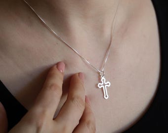 Sterling Silver Soft Edge Cross Necklace for Women – Satin Matte Finish, Openwork Christian Pendant, Handmade Gift