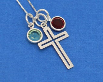 Personalized Cross Necklace with Birthstones, Sterling Silver Christian Necklace for Women, Custom Birthstone Jewelry Gift