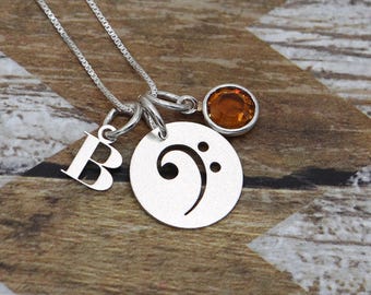 Personalized Bass Clef Necklace with Initial & Birthstone, Sterling Silver Music Lover Gift