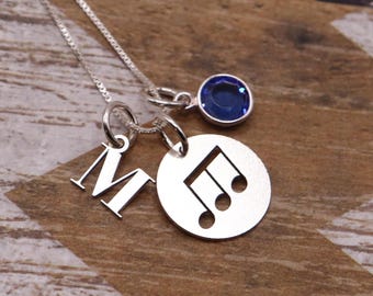 Personalized Music Note Necklace with Initial & Birthstone, Sterling Silver Music Lover Gift, Sixteenth notes, Beam