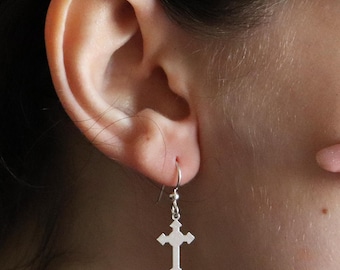 Sterling Silver Arrow Cross Earrings | Handmade Christian Dangle Earrings | Gothic Cross Jewelry | Religious Gift for Women | Faith Jewelry