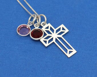 Geometric Cross Necklace with Two Birthstones, Sterling Silver Christian Jewelry for Women, Personalized Family Birthstone Gift