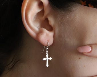 Sterling Silver Fleur-De-Lis Cross Earrings, Christian Dangle Earrings for Women, Religious Jewelry, Gothic Faith Gift, Elegant Cross Design
