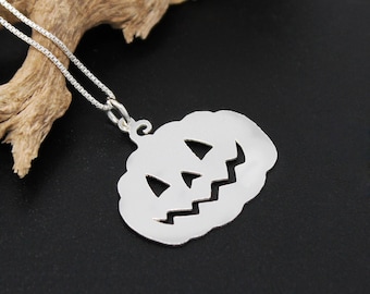 Halloween pumpkin Necklace Jack-o'-lantern carved pumpkins Scary Face Sterling silver pendant w/ Silver Box chain spooky necklace Pumpkin 8