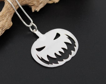 Halloween pumpkin Necklace Jack-o'-lantern carved pumpkins Scary Face Sterling silver pendant w/ Silver Box chain spooky necklace Pumpkin 2