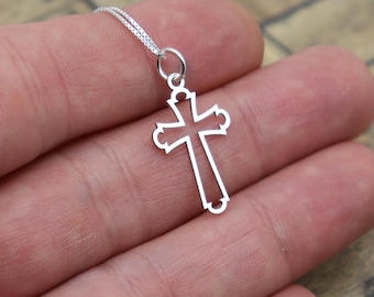 Sterling Silver Cross Necklace - Ornate Cutout Pendant, Satin Matte Finish