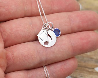 Personalized Music Note Necklace with Initial & Birthstone, Sterling Silver Music Lover Gift
