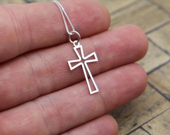Sterling Silver Cross Necklace - Open Cut, Satin Matte Christian Jewelry