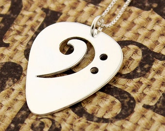 Guitar pick necklace sterling silver bass clef F clef necklace Music note pendant necklace comes with Italian box chain
