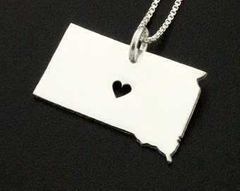 South Dakota necklace sterling silver South Dakota state necklace with heart comes with Box style chain Personalized name engrave GIFT