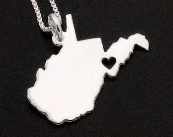 West Virginia State necklace Personalized West Virginia necklace sterling silver West Virginia state necklace with heart Hometown Gift