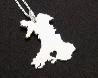 Wales necklace sterling personalized silver i love Wales necklace with heart comes with Box style chain, engraveable ,gift for her