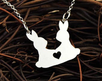 Twin Bunny necklace sterling silver Love Rabbit necklace pendant - Women Best Cute pet Gift Sister gift Best friend gift Easter Jewelry