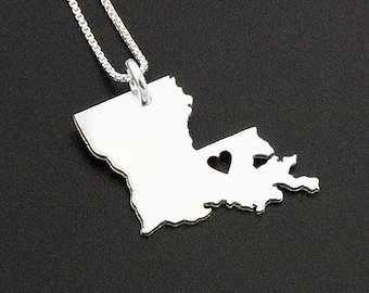 Louisiana necklace sterling silver Louisiana state necklace pendant w/heart personalize name necklace hometown jewelry - engrave Louisiana