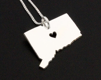 Sterling Silver Connecticut Necklace with Heart, Personalized State Pendant