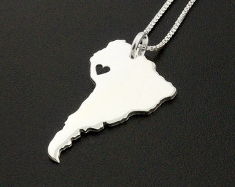 Personalized Sterling Silver South America Map Necklace, Engraved Heart