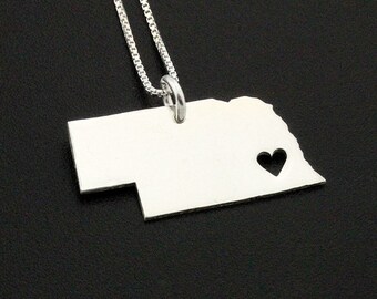 Personalized Nebraska Necklace, Sterling Silver State Pendant with Heart