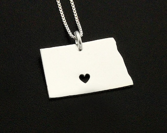 Sterling Silver North Dakota State Necklace with Heart, Hometown Gift