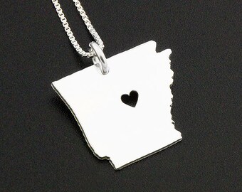 Sterling Silver Arkansas State Necklace – Personalized Heart Pendant