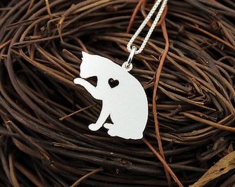 Cat necklace Personalized Engraveable sterling silver kitty cat pendant With Heart - Love Pet Jewelry Best Cute Gift Pet or Memorial Gift