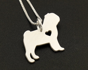 Engraved Sterling Silver Pug Necklace, Heart Cutout, Pet Memorial
