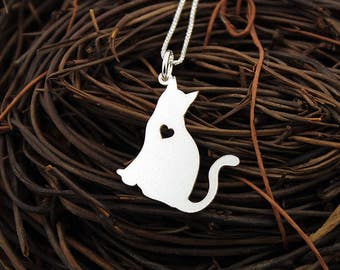 Cat necklace Personalized Engraveable sterling silver kitty cat pendant With Heart - Cat lover Jewelry Best Cute Gift Pet or Memorial Gift