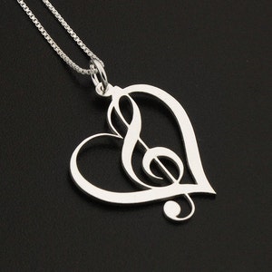 Heart Clef G clef heart Necklace silver music note Treble clef Pendant charm necklace music note necklace Sterling Silver Gift image 2