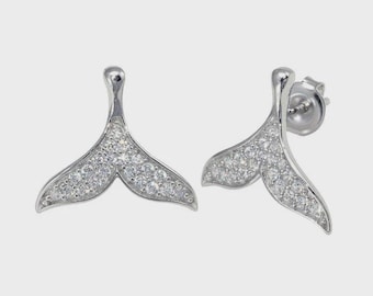 Sterling Silver 925 Large Mermaid Tail, Fish Tail Post Stud Earrings with Cubic Zirconia
