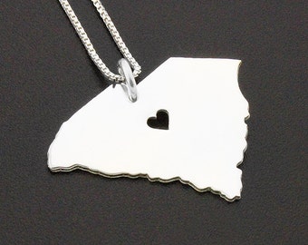 Engraveable Sterling Silver South Carolina State Necklace - Heart Cutout