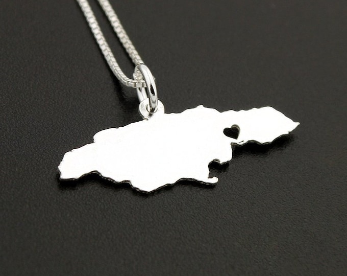 Personalized Jamaica Map Necklace, Sterling Silver Heart Pendant, Engravable Country Jewelry