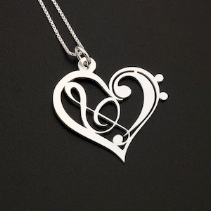 Heart Clef G clef bass clef heart Necklace silver music note Treble clef Pendant charm necklace music note necklace Sterling Silver Gift image 1