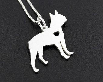 Boston Terrier necklace sterling silver dog breeds pendant w/ Heart  Love Pet Jewelry Italian chain Women Best Cute Gift Personalized memory